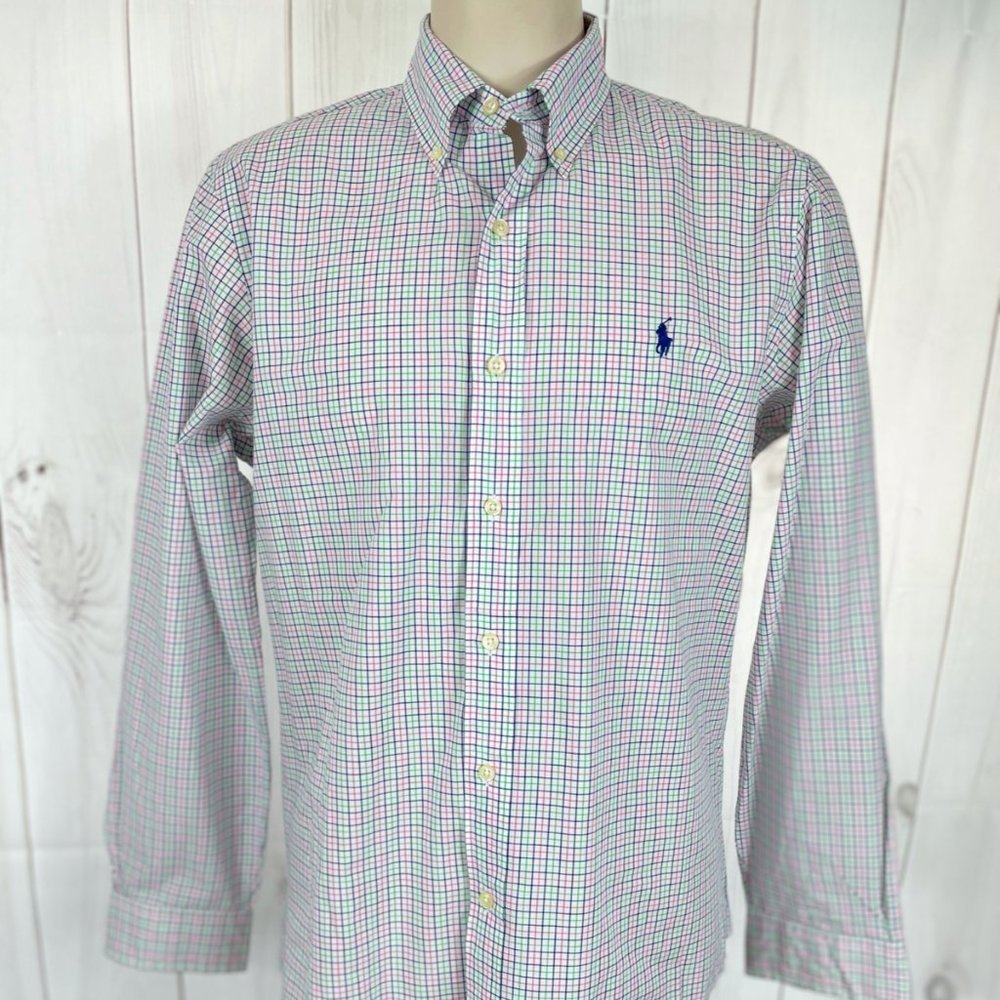 Ralph Lauren White Blue Pink Green Checks Long Sleeve Button Up Shirt - Size M